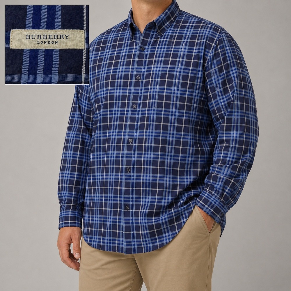 Burberry London Button Down Shirt Mens 2XL Blue Plaid Nova Check Designer Casual